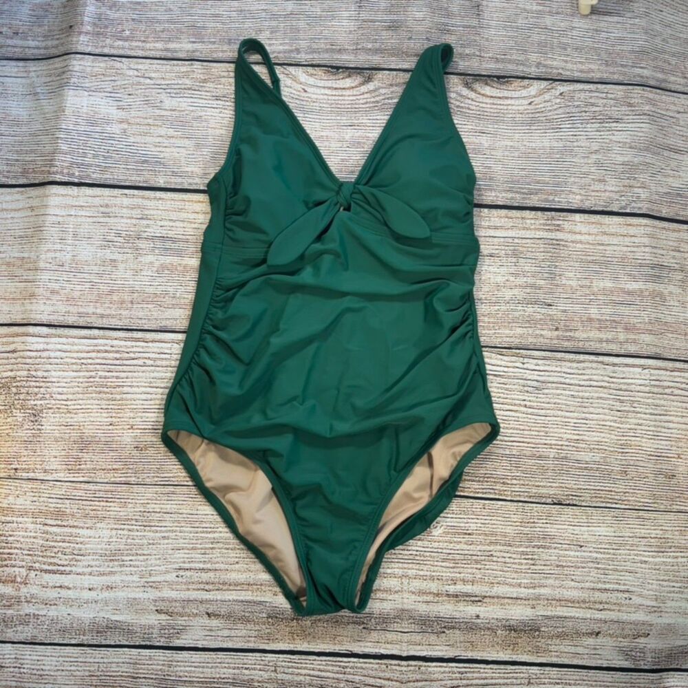 Kona Sol Tie-front Ruched Full Coverage One Piece Swimsuit Green Size Large